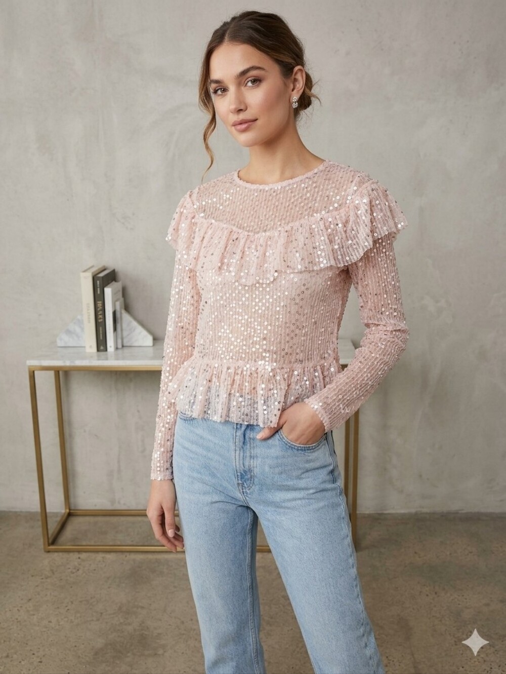 ZARA Pink Sequin Mesh Ruffle Blouse Top Long Sleeve Size M